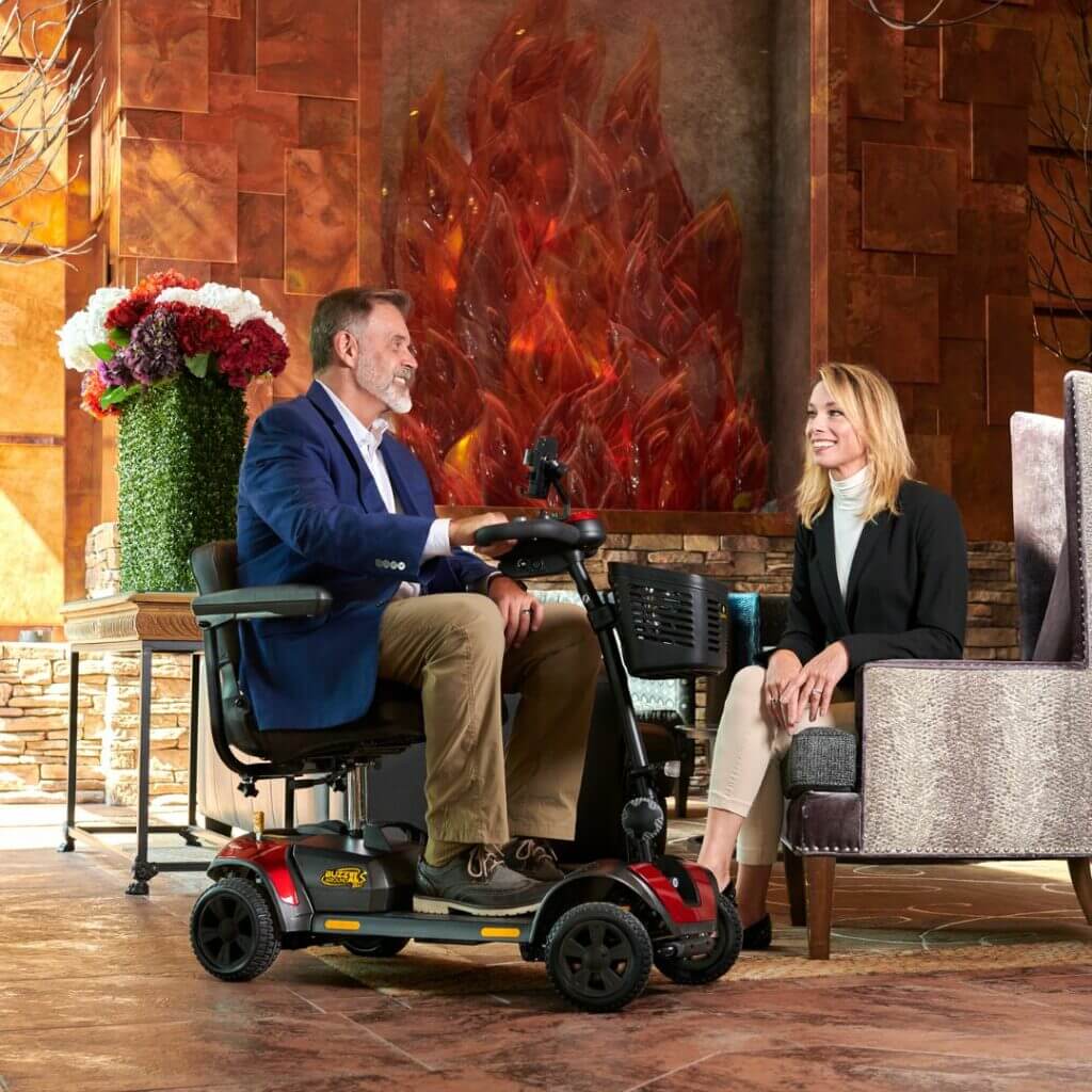 Golden Buzzaround XLS-HD rental scooter side profile with heavy-duty frame