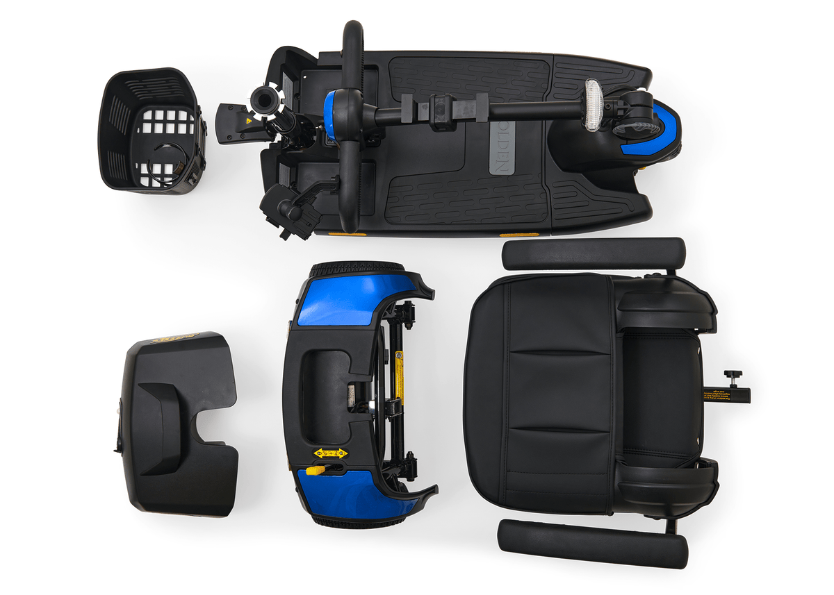 Golden Buzzaround HD 4-wheel rental scooter showing padded seat and front basket