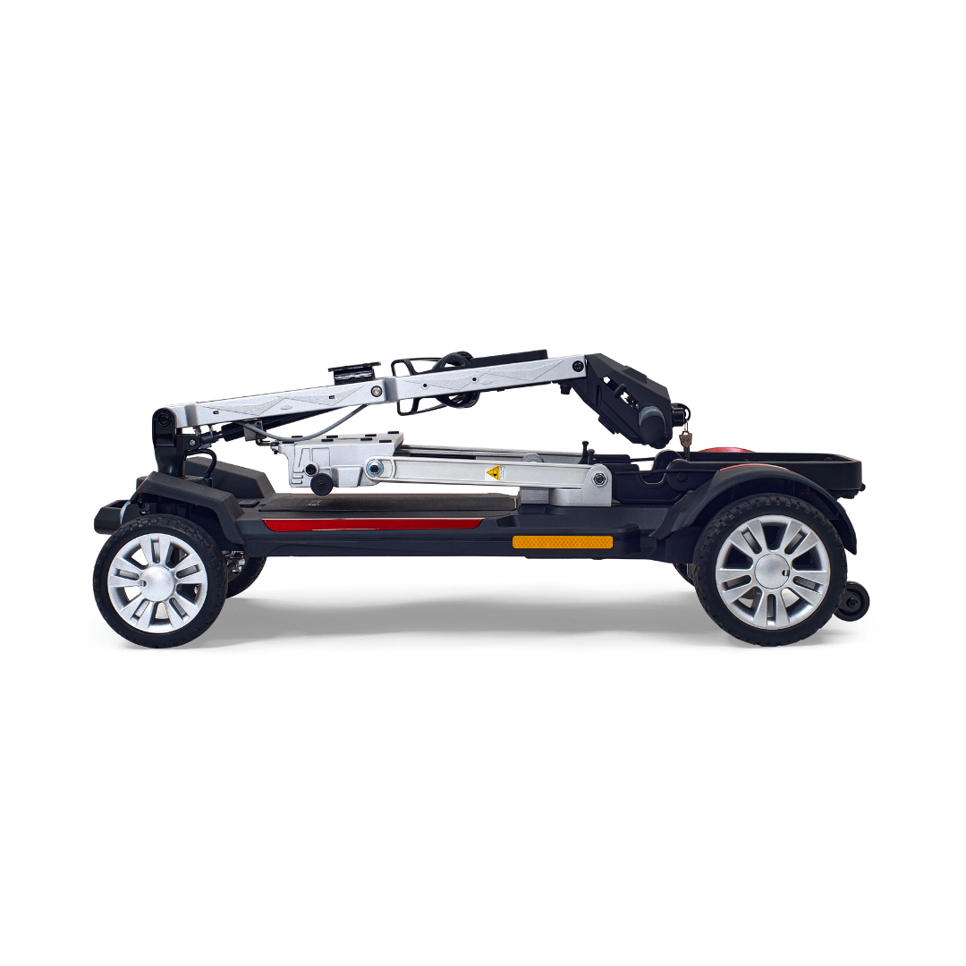 Buzzaround CarryOn folding scooter folded for travel, lightweight and portable with a sleek design.
