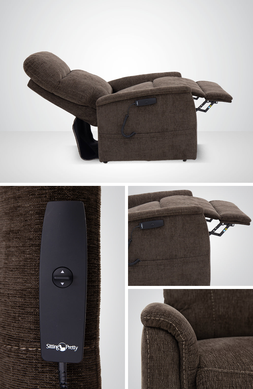 Sitting Pretty Genesis LC-150 recliner with split back design, chaise pad, and remote control for ultimate comfort.