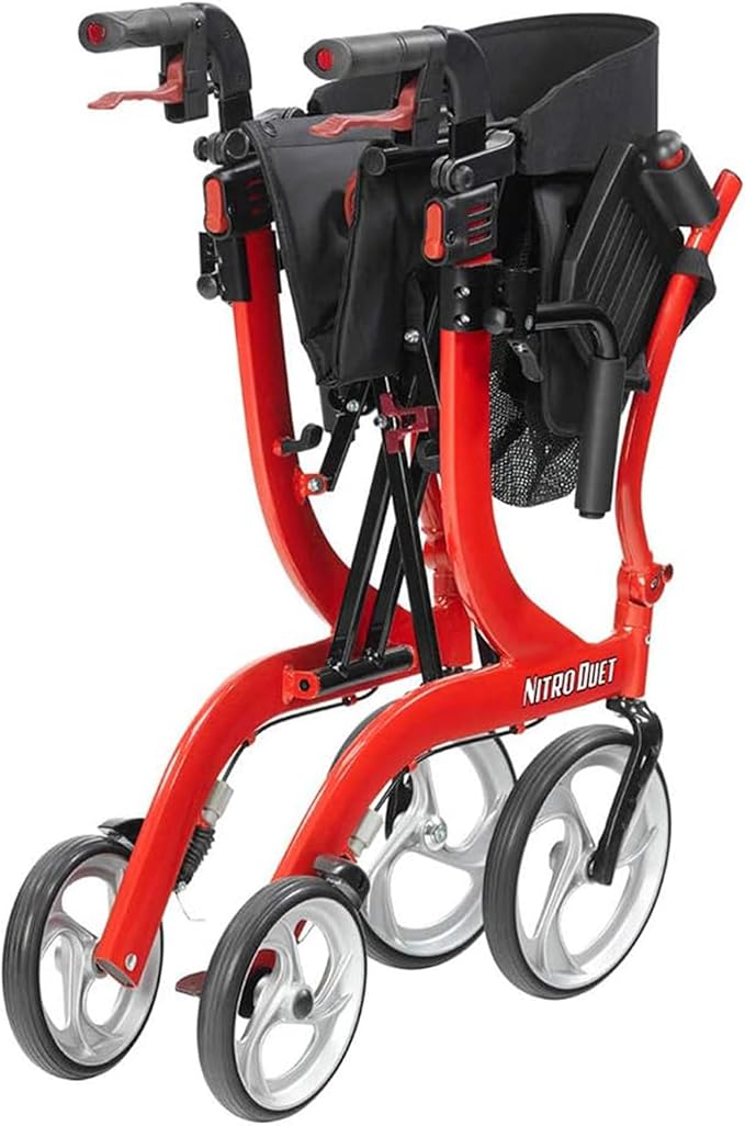 Drive Medical Nitro 2-in-1 Transport Wheelchair and Rollator Walker Combo in Red with adjustable back support