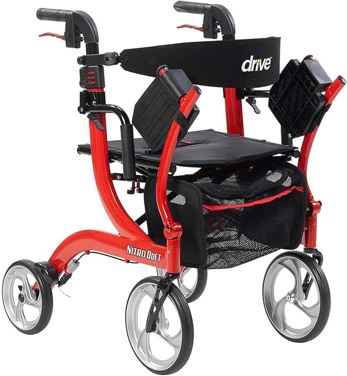 Drive Medical Nitro 2-in-1 wheelchair rollator combo in red, lightweight, foldable with adjustable back support.