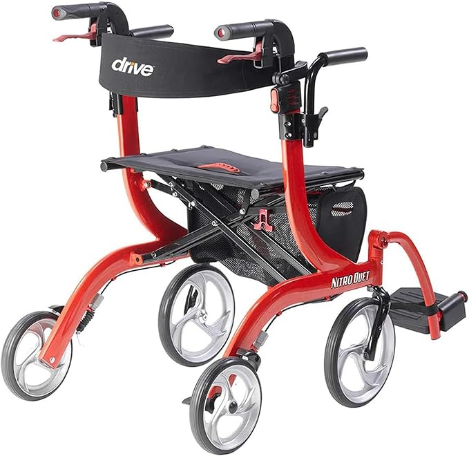 Drive Medical Nitro 2-in-1 wheelchair and rollator combo in red with adjustable backrest and lightweight foldable design.