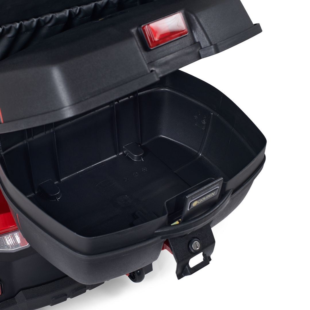 Eagle 4-Wheel Mobility Scooter storage compartment with black interior and open lid for easy access.
