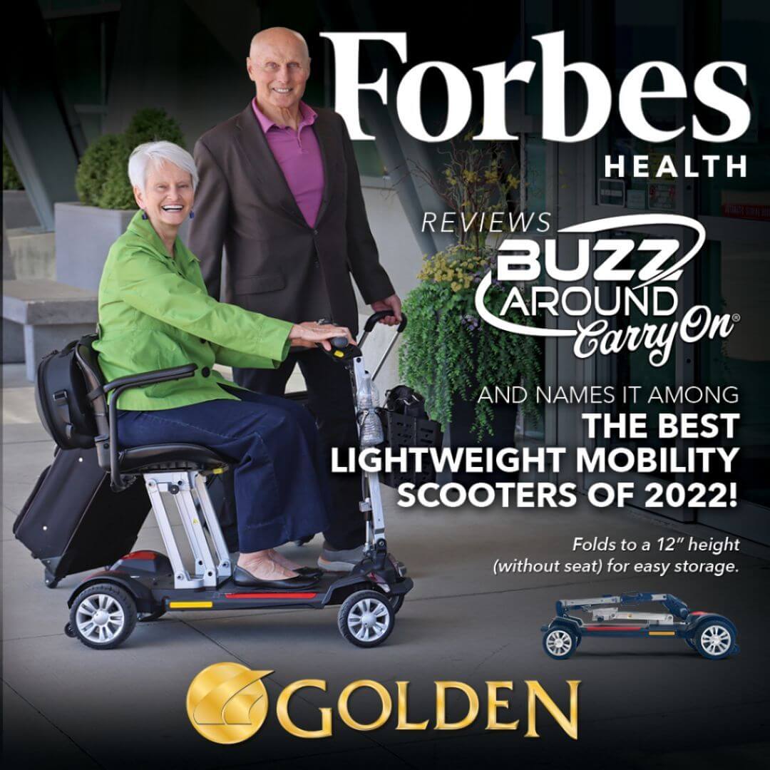 Forbes Health review of Buzzaround CarryOn lightweight mobility scooter for travel, highlighting comfort and portability.