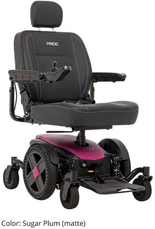 Jazzy® EVO 614 HD power wheelchair in Sugar Plum matte finish with comfortable seating and maneuverable wheels.