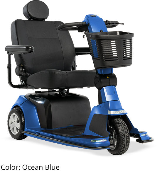 Pride Maxima 3-Wheel Heavy Duty Mobility Scooter in Ocean Blue with comfortable seating and durable design.