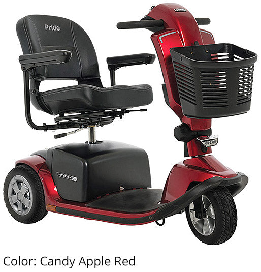 Pride Victory 10.2 3-Wheel Heavy Duty Mobility Scooter in Candy Apple Red color, featuring comfortable seat and storage basket.