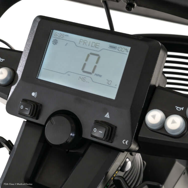 PX4 Ultra Heavy Duty Scooter dashboard display showing speed, battery indicator, and user controls.