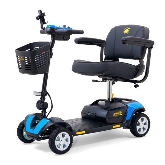 Golden Buzzaround XL 4 Wheel mobility scooter with larger Delta tiller, basket, and comfortable seat for enhanced riding.