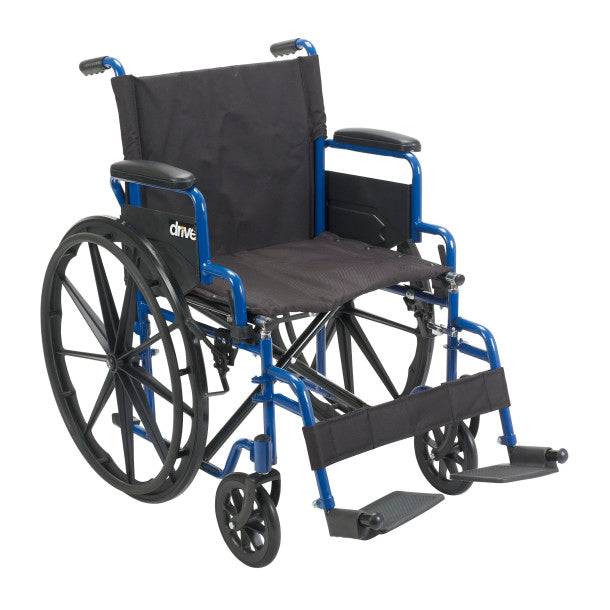Drive Medical Blue Streak wheelchair with blue frame, flip-back desk arms and swing-away footrests