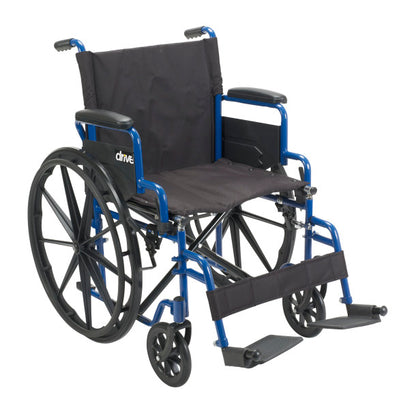 Drive Medical Blue Streak wheelchair with blue frame, flip-back desk arms and swing-away footrests