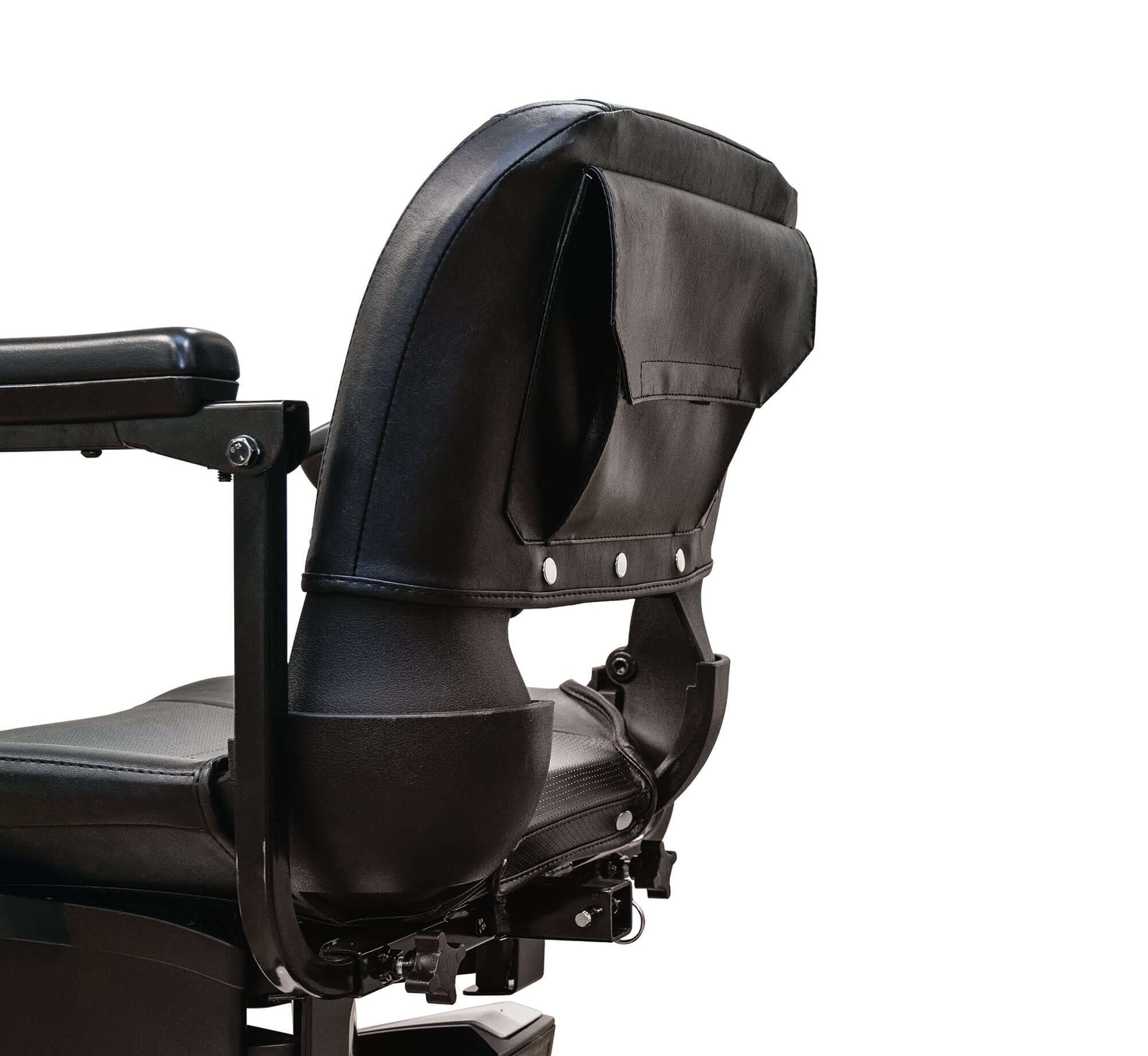 Rear view of a black ergonomic scooter seat, designed for comfort and support.