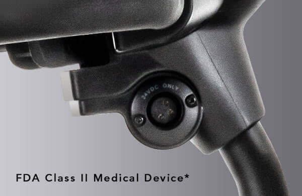 Close-up of FDA Class II medical device component on a scooter, highlighting safety and compliance features.