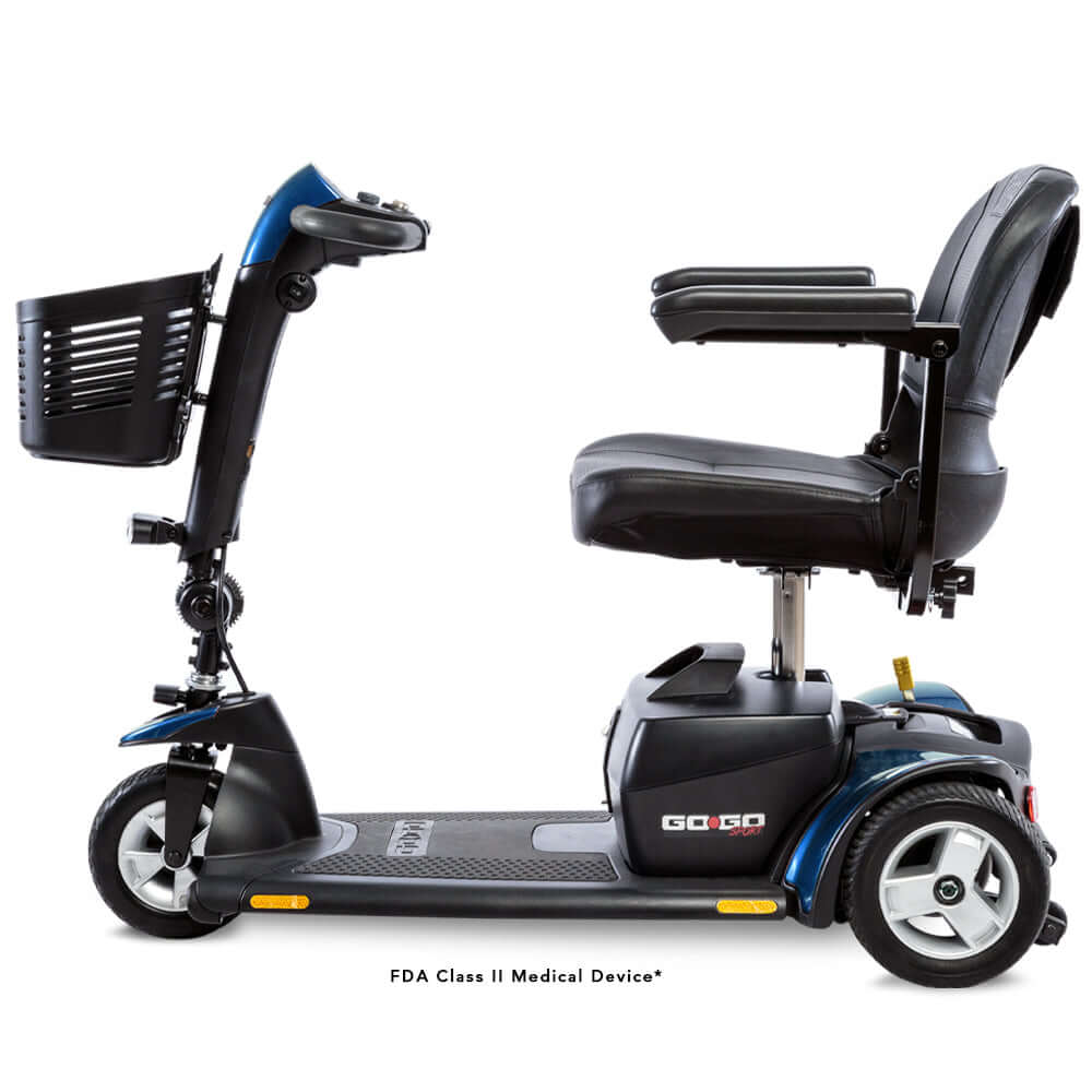 Go Go® Sport 3-Wheel scooter in side view, featuring ergonomic design, compact seat, and storage basket.