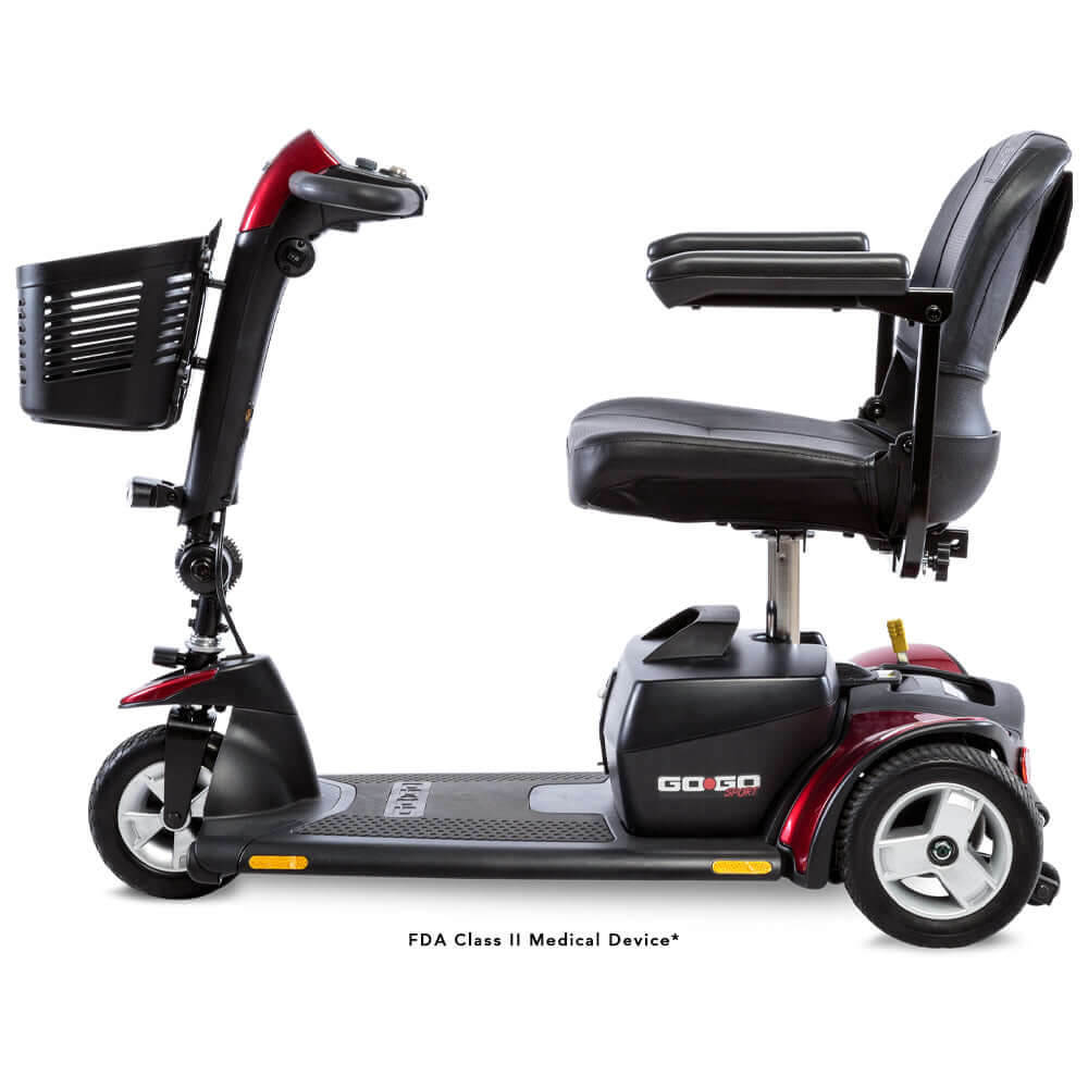 Go Go® Sport 3-Wheel scooter with ergonomic tiller, foldable seat, and basket, great for mobility and comfort.