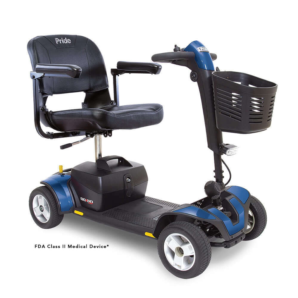 Go Go® Sport 4-Wheel scooter in blue with ergonomic design, LED lights, and front basket for mobility independence.