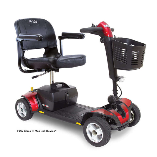 Go Go® Sport 4-Wheel scooter in red and black with ergonomic design, FDA Class II Medical Device, featuring a basket.