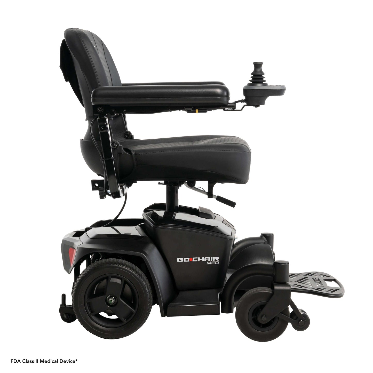 Go Chair® MED Power Mobility Chair side view, compact design, lightweight, portable, easy disassembly, 300 lb weight capacity.