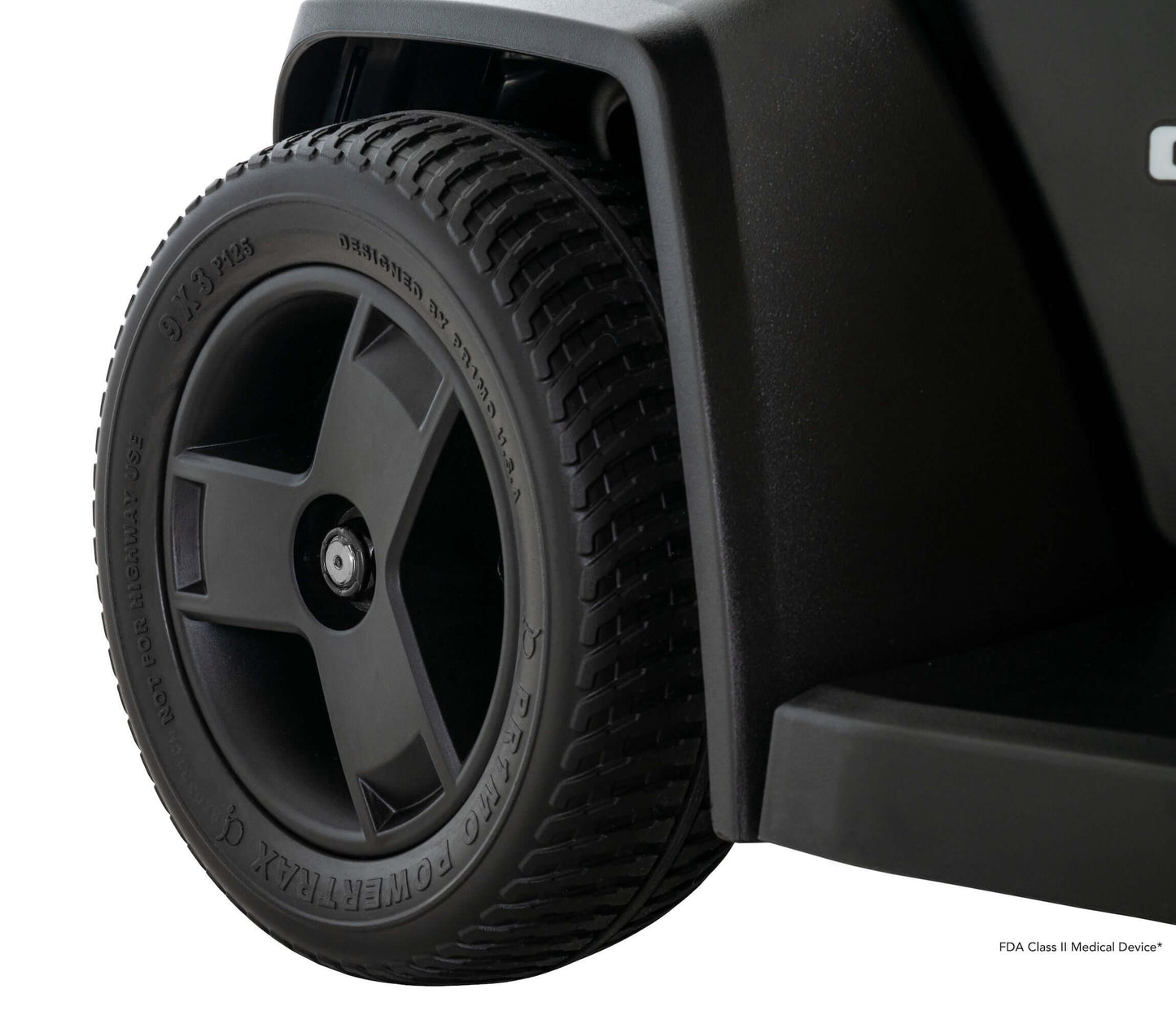 Close-up of the Go Chair MED wheel, showcasing durable design for enhanced portability and smooth travel.