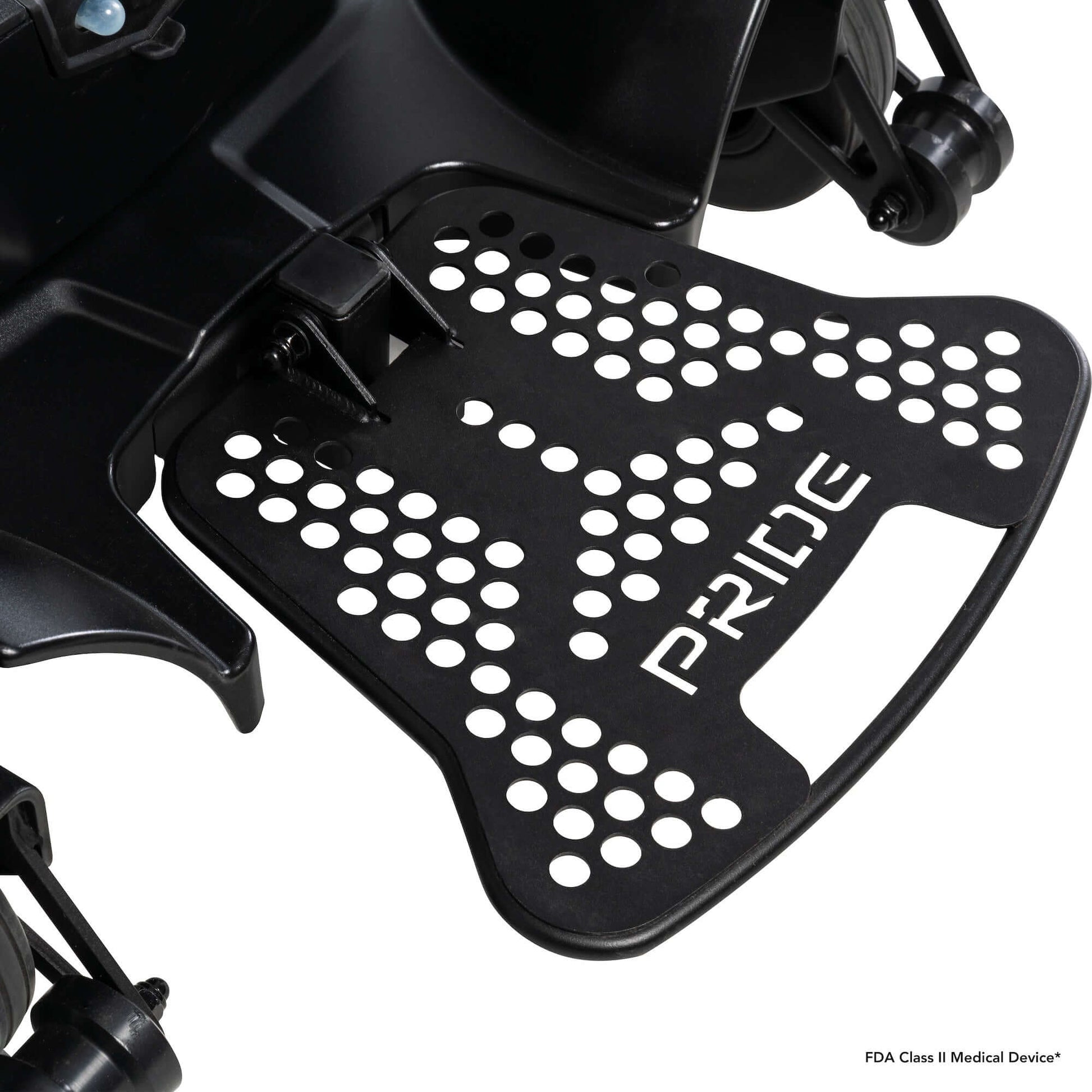 Close-up of the footplate of the Go Chair® MED Power Mobility Chair by Pride, featuring a textured design for comfort.