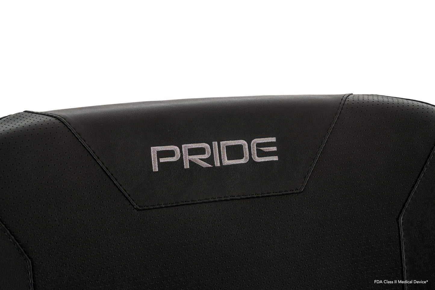 Close-up of the Go Chair® MED featuring the PRIDE logo on a sleek black seat back.