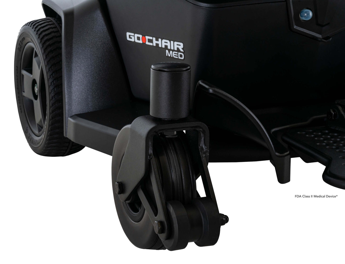 Close-up of the Go Chair® MED mobility chair's rear wheel and base, showcasing portability features for travel.