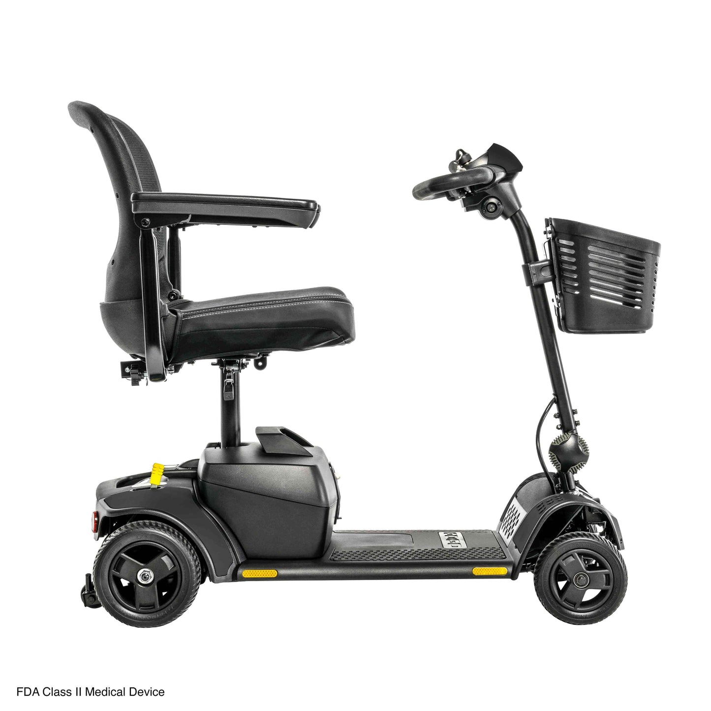 Pride Go Go Elite Traveller 2 scooter featuring EZ Turn technology, 4-wheel stability, and a comfortable seat.