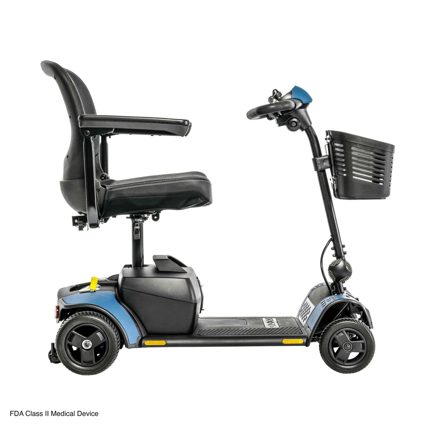 Pride Go Go Elite Traveller 2 scooter features a comfortable seat, basket, and compact design for easy navigation.