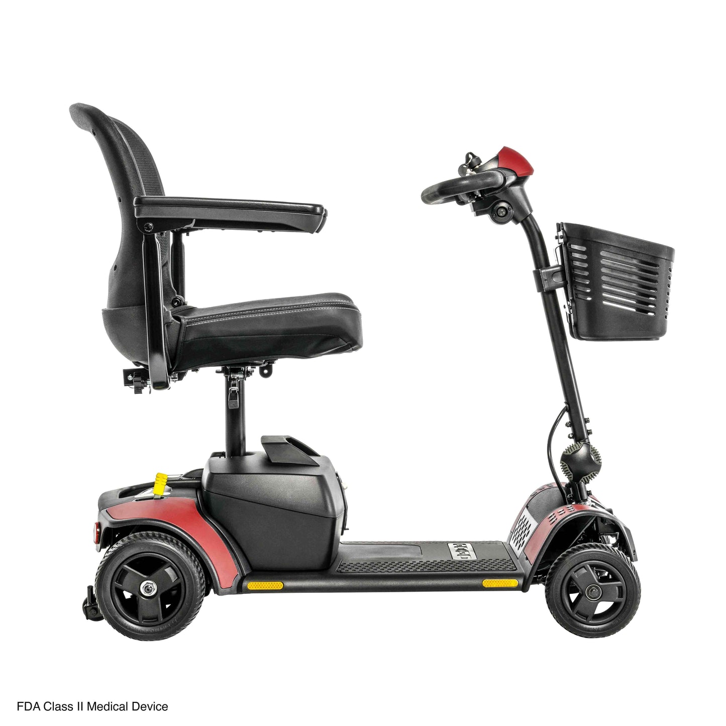 Pride Go Go Elite Traveller 2 scooter side view with armrest and basket, featuring EZ Turn technology and 300-lb capacity.