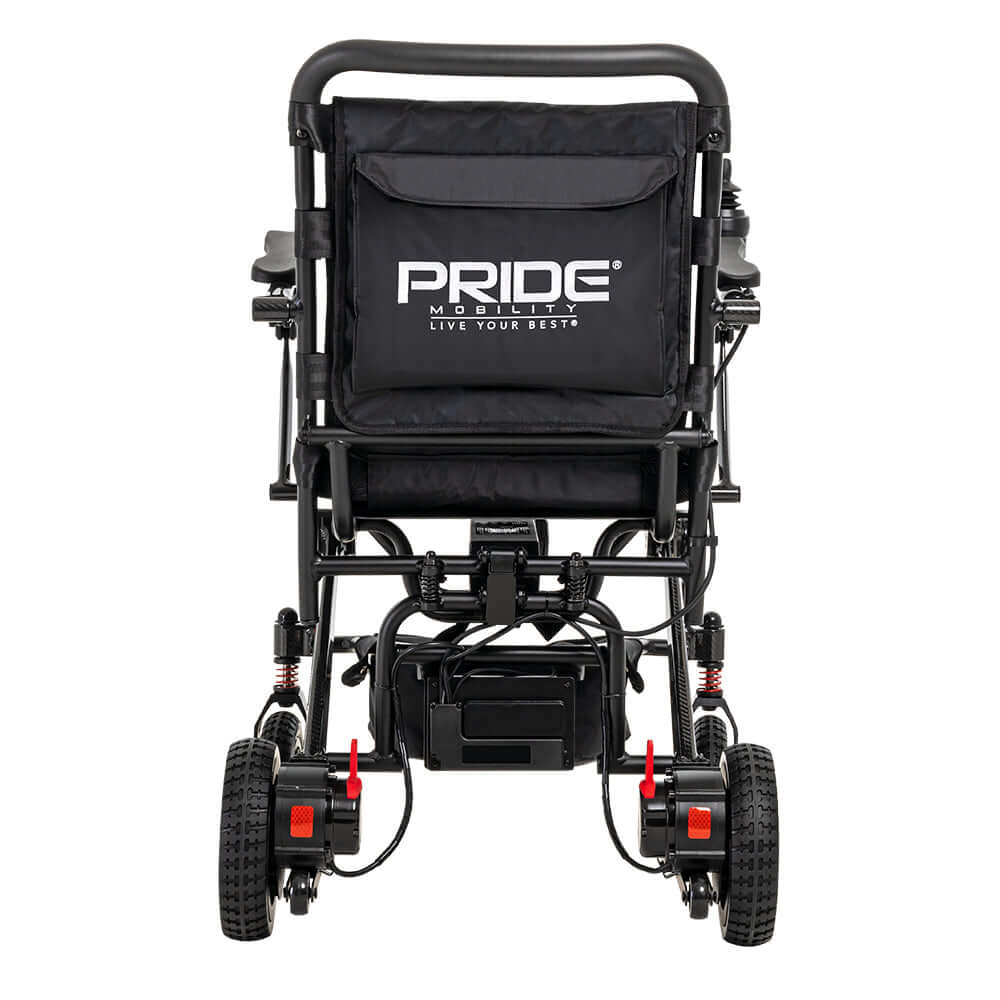 Pride Mobility Jazzy Carbon Power Chair showcasing its compact design and rear view features including suspension and battery.