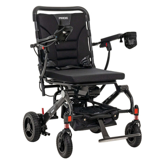 Jazzy® Carbon Power Chair with lightweight carbon fiber frame and removable joystick, designed for portability and comfort.