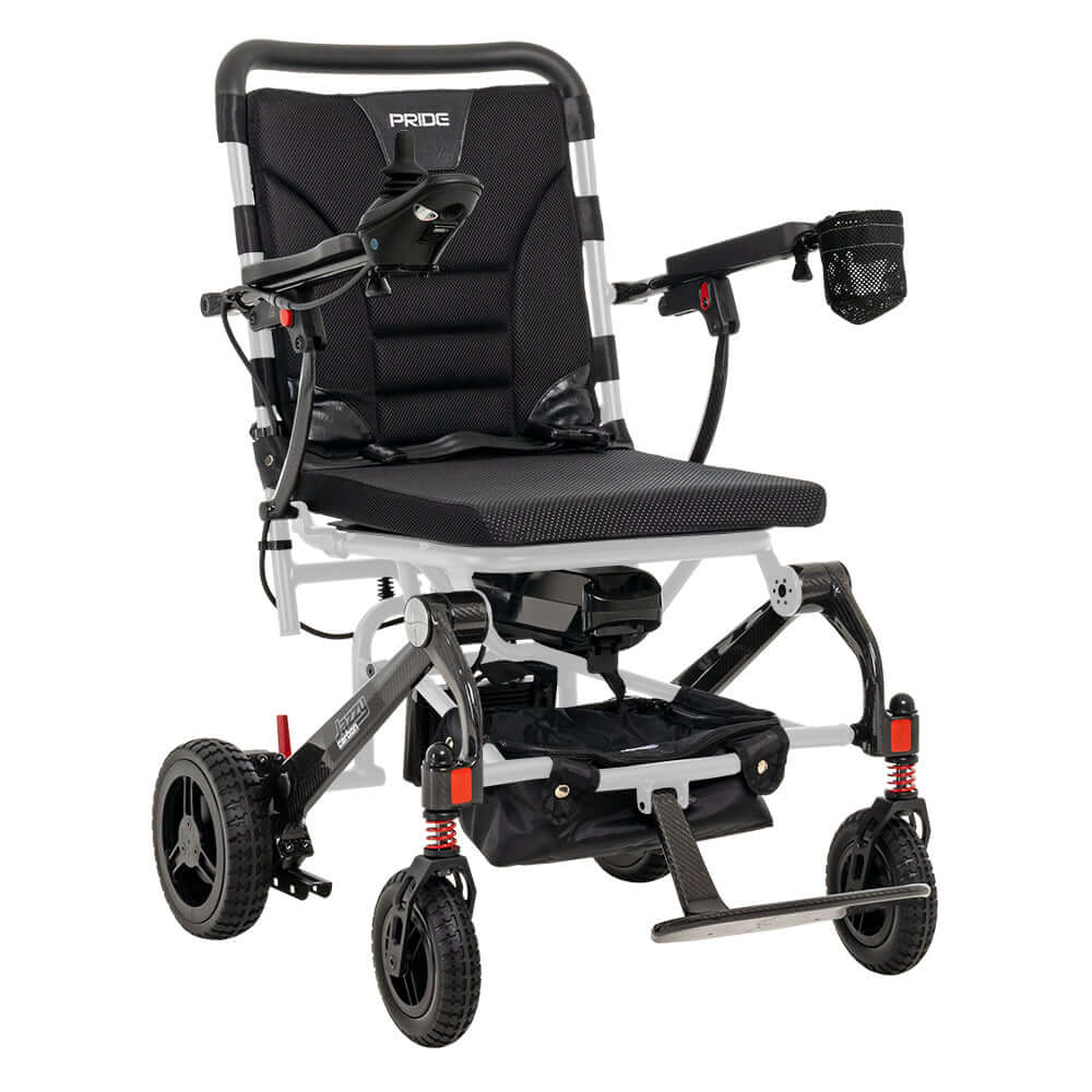 Jazzy® Carbon Power Chair with lightweight carbon fiber, removable joystick, and built-in USB charger for easy transport.