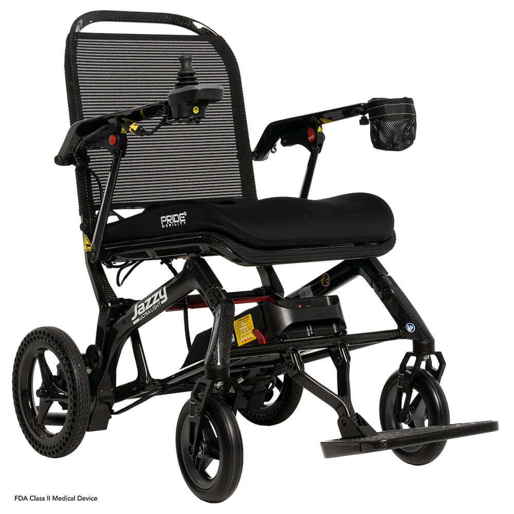 Jazzy Ultra Light power wheelchair with carbon fiber frame, weighs 33 pounds, easy fold design, durable and lightweight.