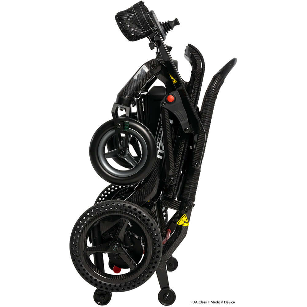 Jazzy Ultra Light power wheelchair folded, showcasing its compact and lightweight design for easy travel.