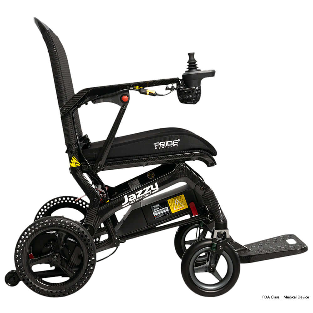 Jazzy Ultra Light power wheelchair with carbon fiber frame, easy fold design, and lightweight at 33 pounds.