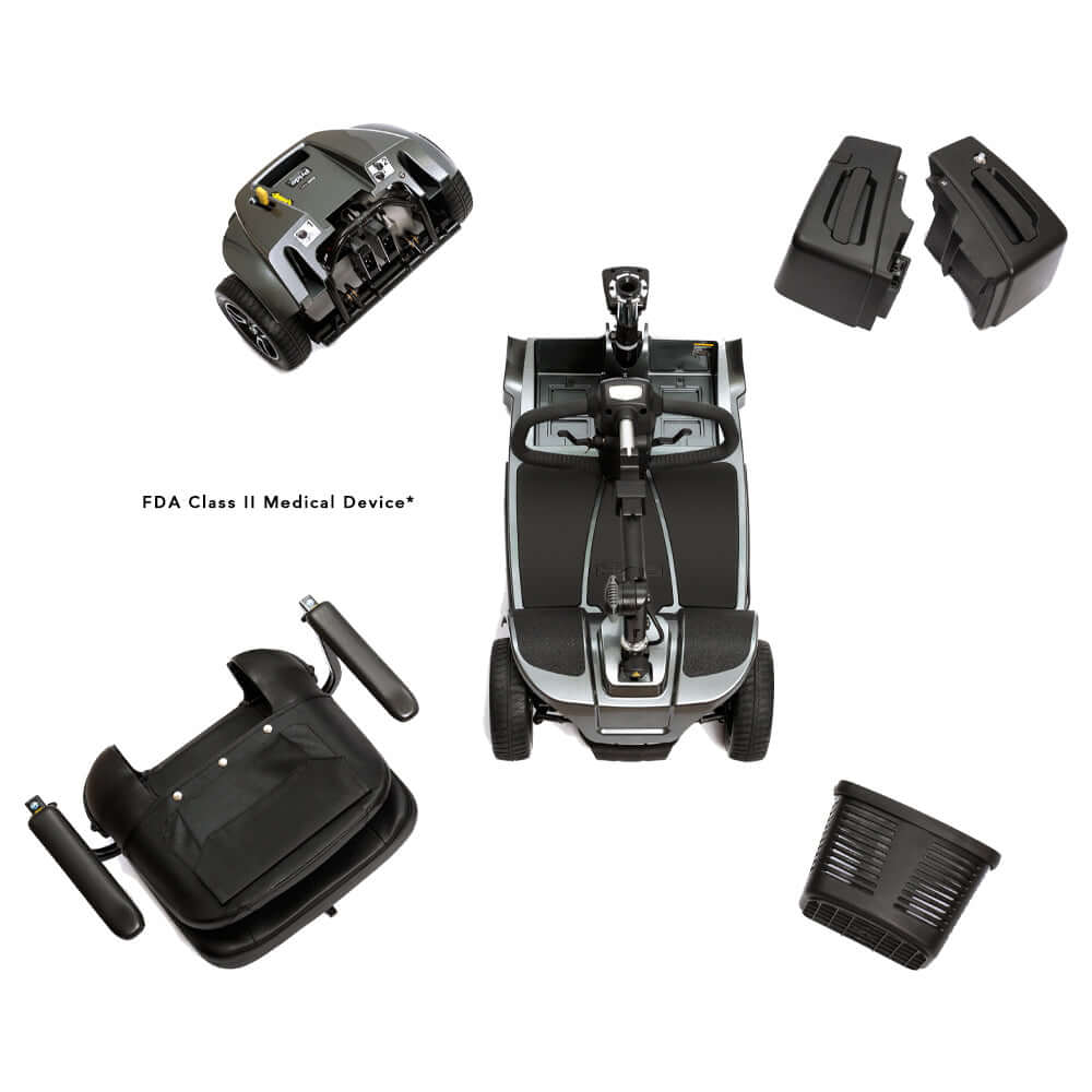 Revo® 2.0 4-Wheel scooter disassembled, highlighting portability, rugged design, and FDA Class II Medical Device certification.