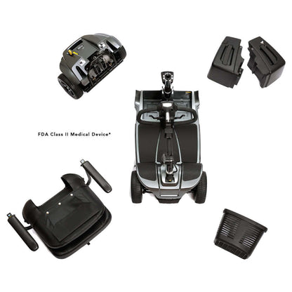Revo® 2.0 4-Wheel scooter disassembled, highlighting portability, rugged design, and FDA Class II Medical Device certification.