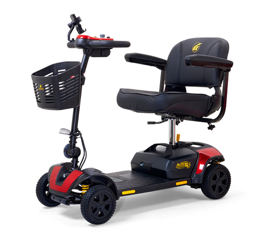 Golden Buzzaround XLS-HD scooter with black seat, compact design, and front basket for easy portability.