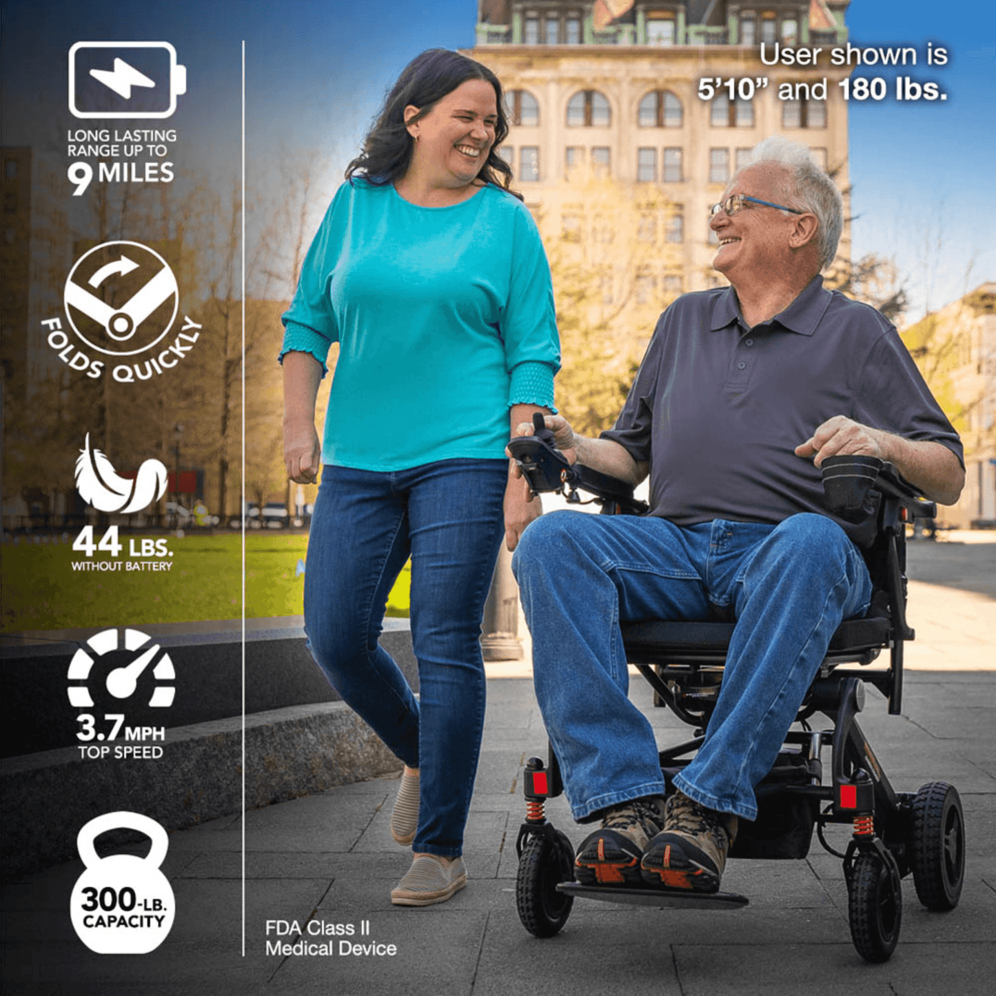 Rider using the Rascal Carbon Cruiser power wheelchair outdoors, 300 lb capacity and 9 mile range