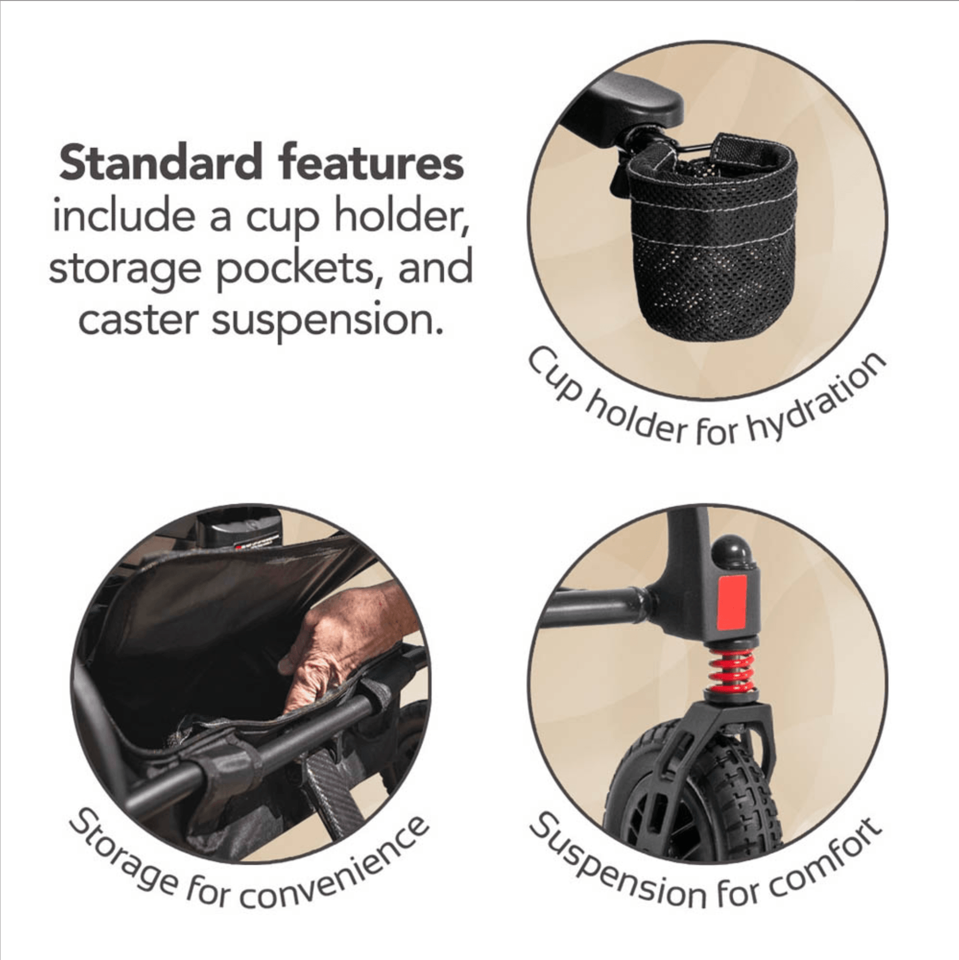 Rascal Carbon Cruiser features including cup holder, storage pouch and armrests