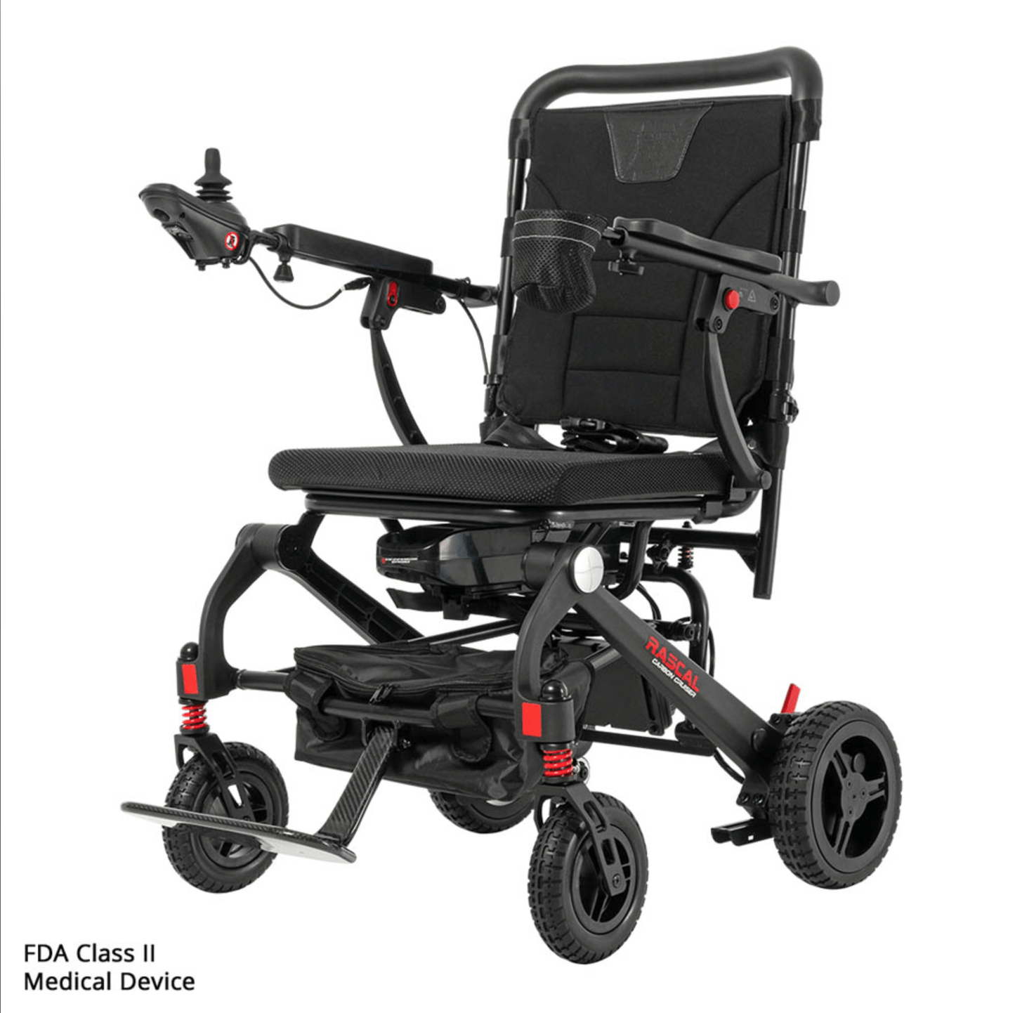 Rascal Carbon Cruiser folding power wheelchair, angled view