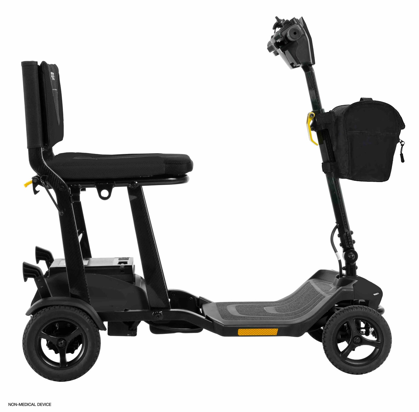 Side view of Go Go Super Portable scooter, featuring a folding design and convenient storage options.