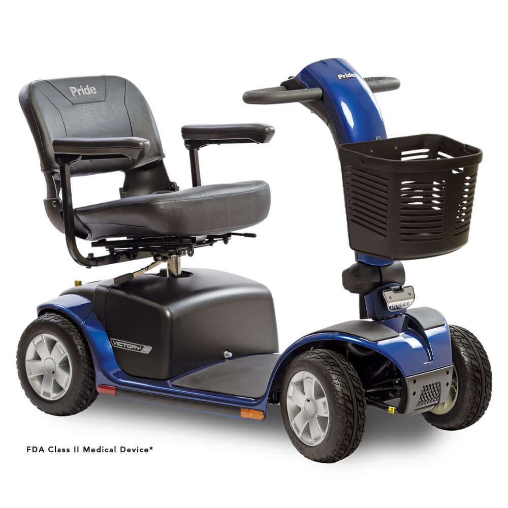 Heavy-duty Pride Victory 10 mobility scooter with comfortable seat and front basket, ideal for events and travel.