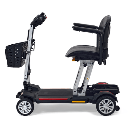 Buzzaround CarryOn GB120 folding scooter side view, lightweight, portable, 300 lbs capacity, 14-mile range, stylish design.