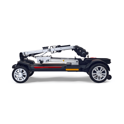 Buzzaround CarryOn folding scooter folded for travel, lightweight and portable with a sleek design.