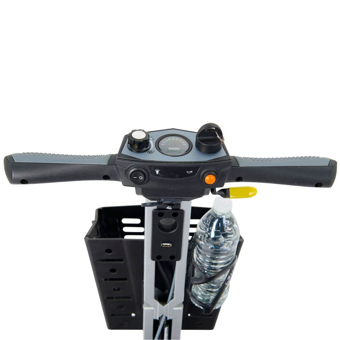 Top view of Buzzaround CarryOn scooter controls with water bottle holder, designed for portability and comfort on-the-go.
