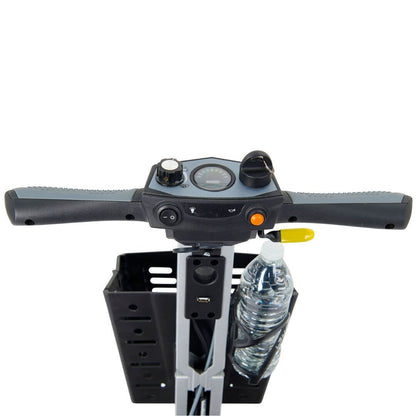 Top view of Buzzaround CarryOn scooter controls with water bottle holder, designed for portability and comfort on-the-go.