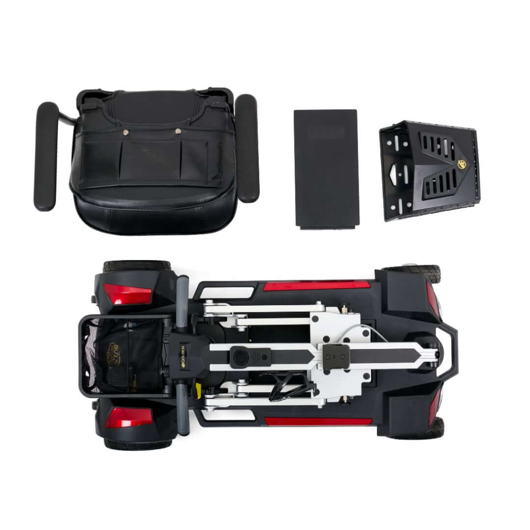 Buzzaround CarryOn folding scooter parts including bag, battery, and chassis, showcasing its lightweight portable design.