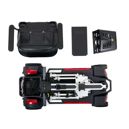 Buzzaround CarryOn folding scooter parts including bag, battery, and chassis, showcasing its lightweight portable design.